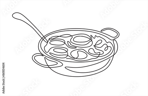 Continuous one line hand drawing of hot soup pot, ladle banner. Vector poster with simple line
