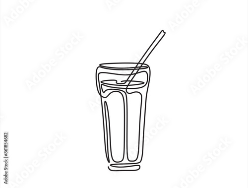 Continuous one line drawing of Glass of water with ice, old drink with a straw for drinking.  Vector illustration