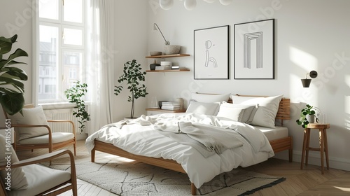 A bright and airy Scandinavian bedroom with a focus on simplicity and functionality. The room features white walls and light wooden floors. 