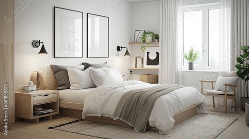 A bright and airy Scandinavian bedroom with a focus on simplicity and functionality. The room features white walls and light wooden floors. 