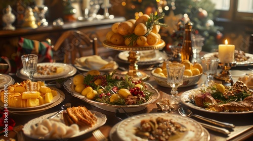Festive Holiday Table with Traditional Potato Dishes and Warm Holiday Decorations © spyrakot