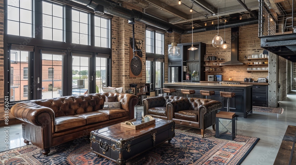 A stylish industrial loft with exposed brick walls and large, black-framed windows. A mix of vintage and modern furniture fills the open space. A stylish industrial loft with exposed brick walls and large, black-framed windows. A mix of vintage and modern furniture fills the open space.