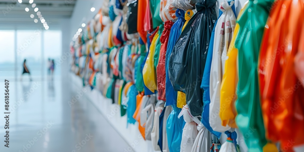 Naklejka premium Colorful exhibit showcases creative reuse of recycled fabric and plastics. Concept Sustainable Design, Recycled Materials, Creative Reuse, Textile Art, Eco-Friendly Fashion