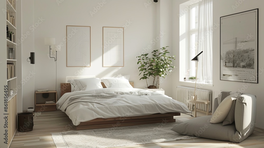 A bright and airy Scandinavian bedroom with a focus on simplicity and functionality. The room features white walls and light wooden floors. A low, A bright and airy Scandinavian bedroom with a focus on simplicity and functionality. The room features white walls and light wooden floors. A low,