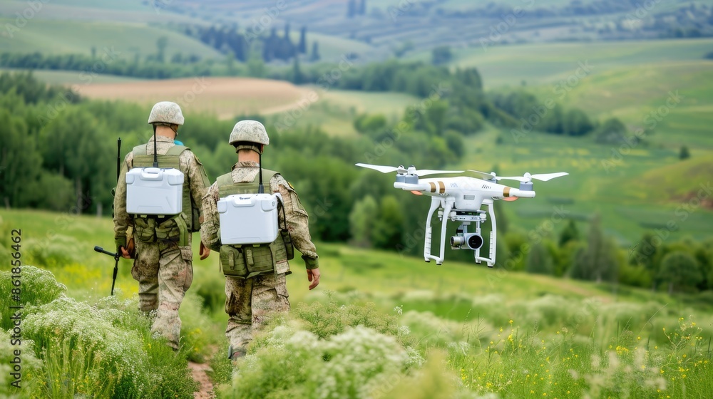 Obraz premium Two soldiers in camouflage walk through a field, with a drone flying overhead