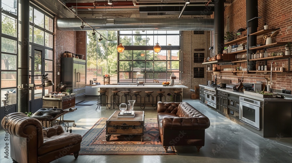 A stylish industrial loft with exposed brick walls and large, black-framed windows. A mix of vintage and modern furniture fills the open space. A stylish industrial loft with exposed brick walls and large, black-framed windows. A mix of vintage and modern furniture fills the open space.