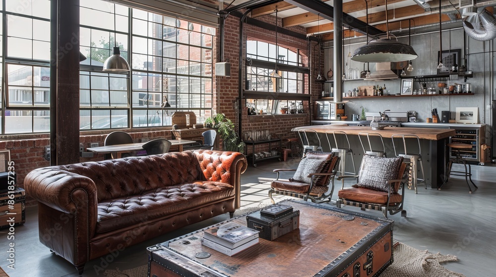 A stylish industrial loft with exposed brick walls and large, black-framed windows. A mix of vintage and modern furniture fills the open space. A stylish industrial loft with exposed brick walls and large, black-framed windows. A mix of vintage and modern furniture fills the open space.