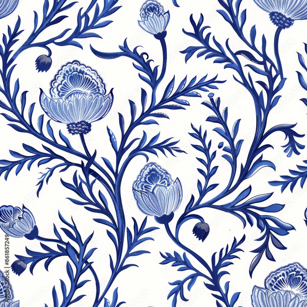 Elegant seamless blue floral damask pattern on white background, perfect for textile, wallpaper designs. Elegant seamless blue floral damask pattern on white background, perfect for textile, wallpaper designs.