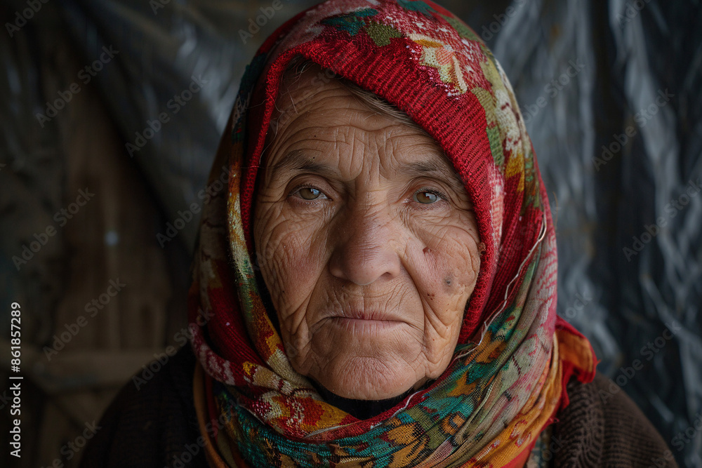 An elderly woman with a weathered face wearing a colorful scarf looks directly at the camera with a serious expression An elderly woman with a weathered face wearing a colorful scarf looks directly at the camera with a serious expression