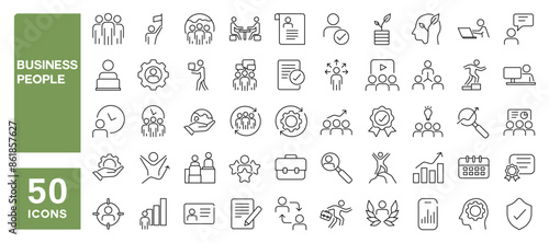 Set of 50 line icons related to business people, management, employees, cooperation, meeting, Editable stroke. Vector illustration