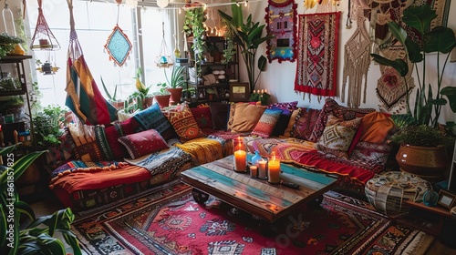 A vibrant bohemian living room filled with eclectic decor. A mix of colorful cushions and throws cover a low, comfortable sofa. 