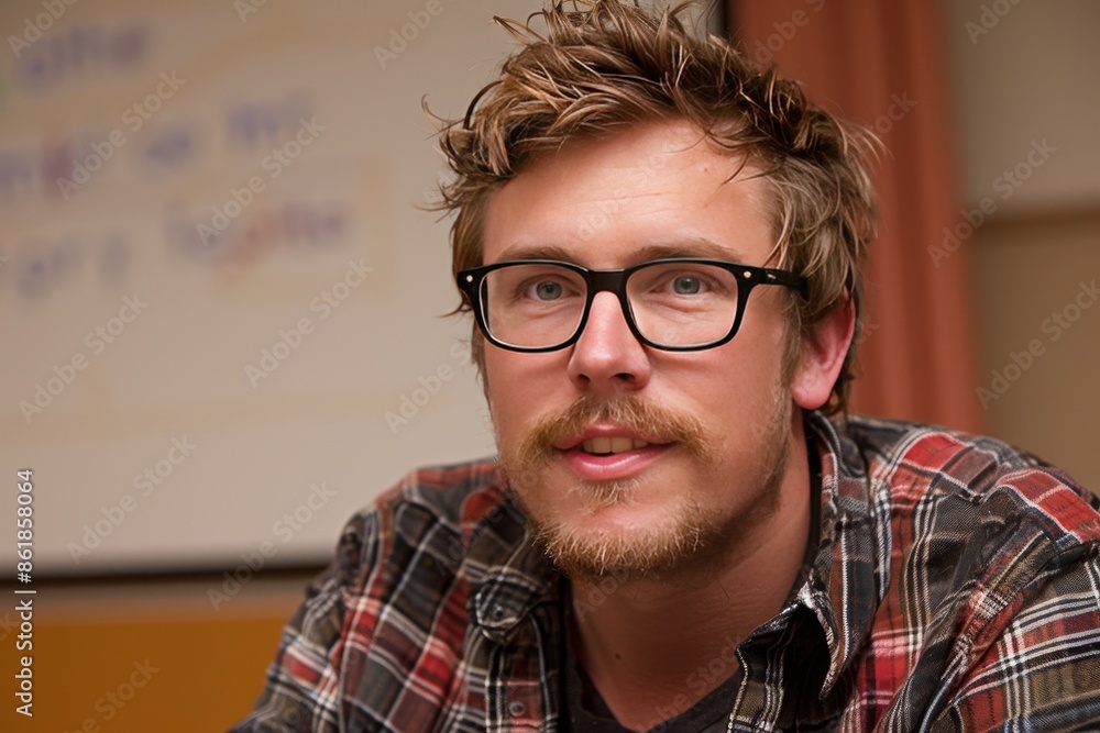 A Young Man Wearing Glasses Smiles During a Presentation A Young Man Wearing Glasses Smiles During a Presentation