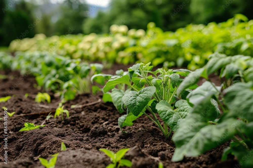 Lush Organic Potato Farm in Picturesque Countryside with Rich Dark Soil and Green Plants Lush Organic Potato Farm in Picturesque Countryside with Rich Dark Soil and Green Plants