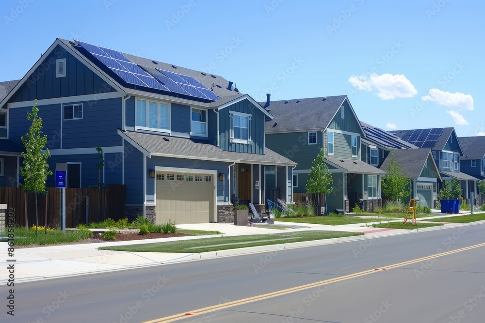 Eco-Friendly Suburban Neighborhood with Solar Panels and Sustainable Landscaping for a Greener Community Eco-Friendly Suburban Neighborhood with Solar Panels and Sustainable Landscaping for a Greener Community