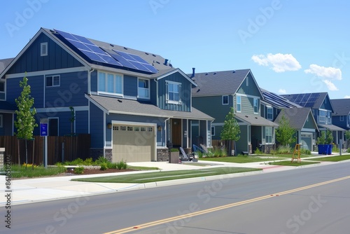 Eco-Friendly Suburban Neighborhood with Solar Panels and Sustainable Landscaping for a Greener Community © spyrakot