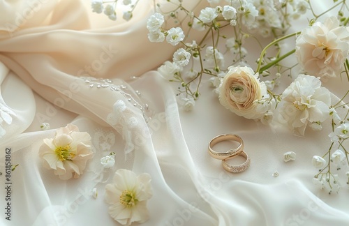 Gold Wedding Bands Surrounded by White Babys Breath Flowers and Lace
