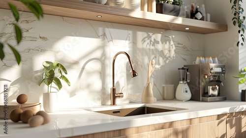 modern kitchen, sleek eggshell light beige finishes, with a beige and wood, white marble. depth of field that highlights, with a simple white sink and bronze faucet, espresso machine.