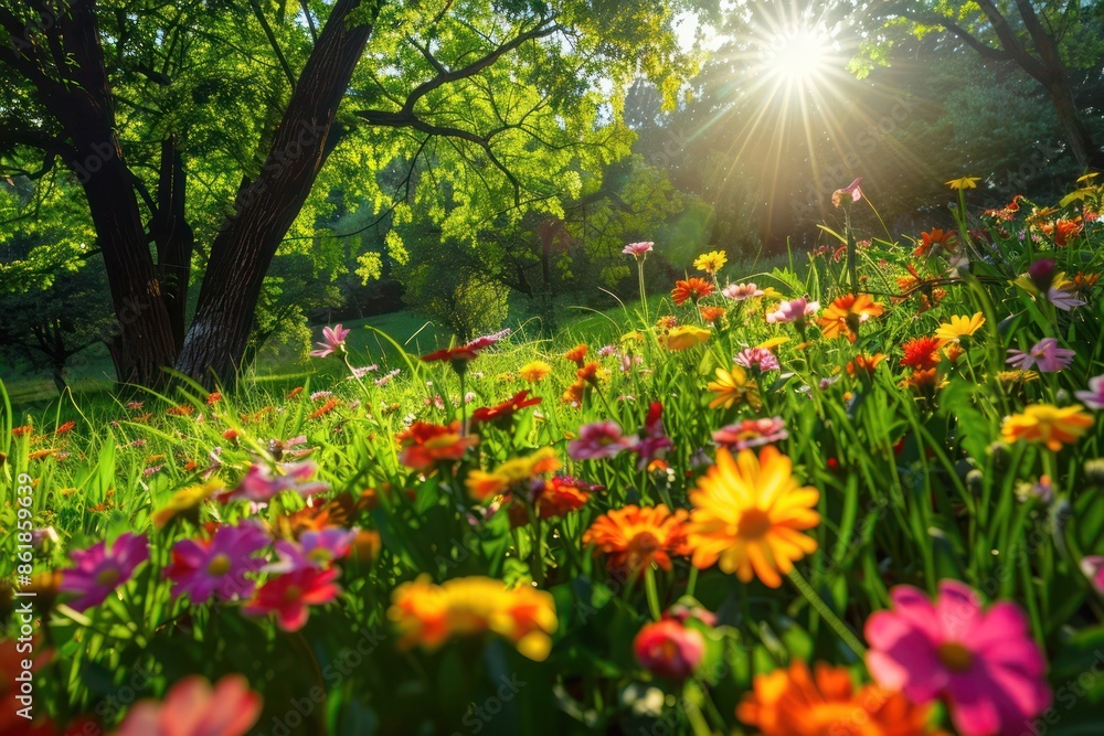 Obraz premium A refreshing spring scene with a field of vibrant flowers and lush green grass, under a radiant sun. The sunlight filters through the trees