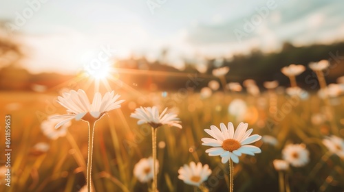 Daisies floral meadow on sunny day. Flower background. photo