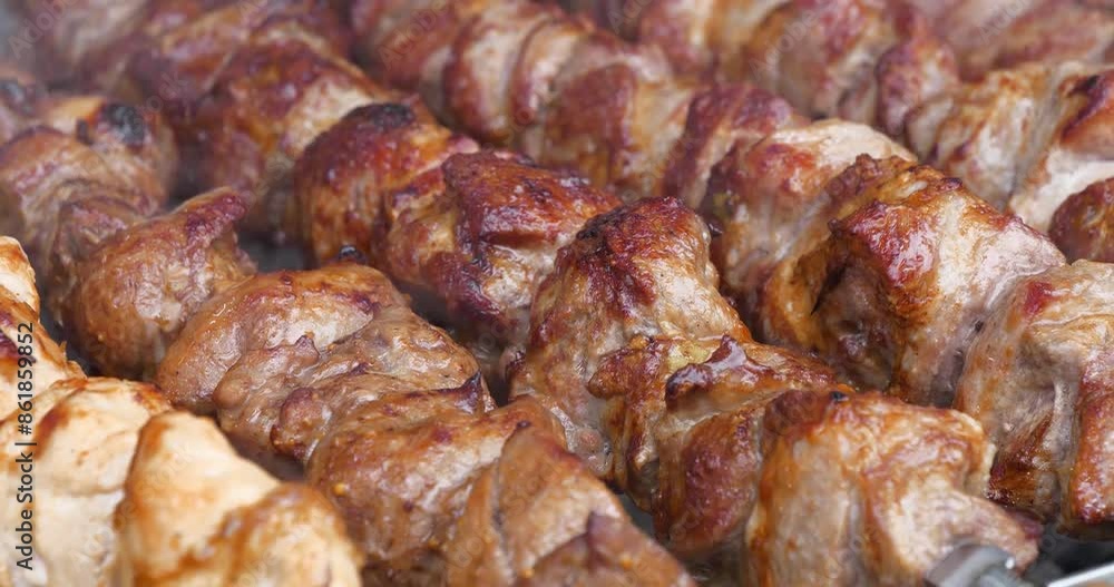 Delicious hot kebabs. Shish kebabs broils in barbecue. Meat are cooked on hot coals in barbecue, rotates on skewers for roasting Delicious hot kebabs. Shish kebabs broils in barbecue. Meat are cooked on hot coals in barbecue, rotates on skewers for roasting