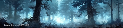 Dark Forest Path Illuminated By Glowing Lanterns On Foggy Night