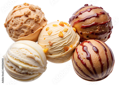 Set of four various ice cream balls or scoops isolated on white background. Top view. Vanilla, strawberry, chocolate and caramel flavor