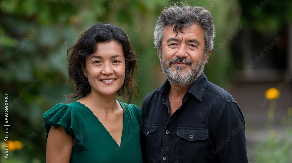 Middle-aged Asian woman in green dress and Hispanic man in black shirt standing in garden, daytime, waist-up