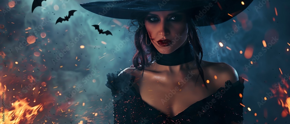 Mysterious woman dressed as a witch in a black outfit and pointed hat, surrounded by flying bats and glowing sparks against a dark, magical background Mysterious woman dressed as a witch in a black outfit and pointed hat, surrounded by flying bats and glowing sparks against a dark, magical background