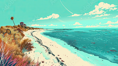 Risograph riso print national park poster illustration of Dry Tortugas, Florida, modern, isolated, clear, simple. Artistic, screen printing, stencil, stencilled, graphic design. Banner, wallpaper photo