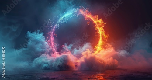 Neon Circle Glowing Above Colorful Clouds In Dark Sky