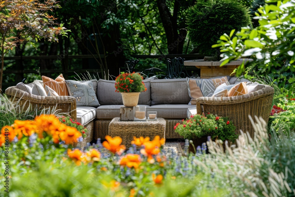 Elegant Garden Setting with Outdoor Sofa and Flowers, Perfect for Entertaining or Relaxation Elegant Garden Setting with Outdoor Sofa and Flowers, Perfect for Entertaining or Relaxation