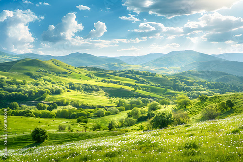 panorama of beautiful countryside of romania. sunny afternoon. wonderful springtime landscape in mountains. grassy field and rolling hills. rural scenery