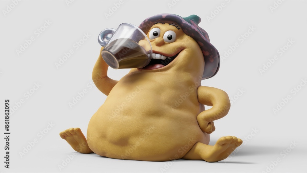 Naklejka premium A cartoon character drinking a cup of coffee from the side, AI