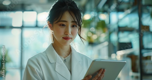 Young Woman Using Tablet in Modern City Setting