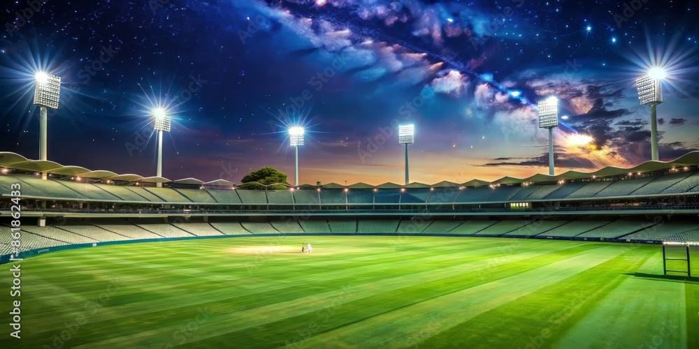 Well-lit cricket stadium at night, with floodlights illuminating the lush green pitch, surrounded by empty seats, under a dark blue starry sky background. Well-lit cricket stadium at night, with floodlights illuminating the lush green pitch, surrounded by empty seats, under a dark blue starry sky background.