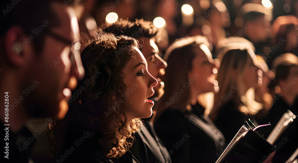A group of people singing in a choir. A group of people singing in a choir.