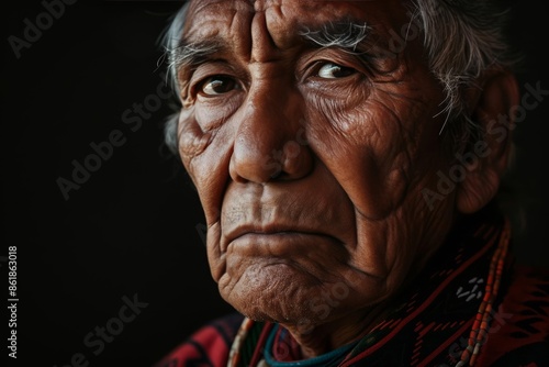 Portrait of Extremely Sulking Native American Senior man with grey hair over isolated background, skeptic and nervous, frowning upset because of problem, poverty, social inequality. negative emotions photo