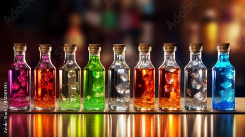 Food coloring in glass bottles on black background isolate, yellow, blue, green, orange, red bottles of food coloring. Glassware with Colorful Ingredients. Magic mixture, alchemist or sorcerer lab