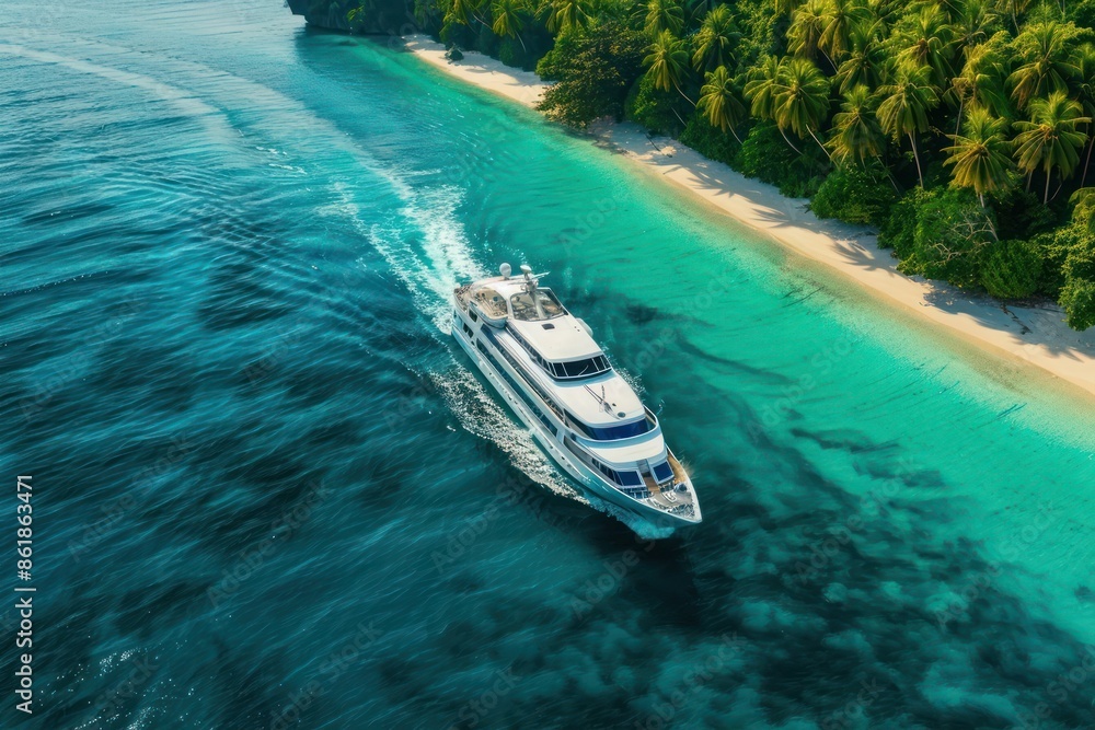 Naklejka premium A stunning cruise boat navigating through the turquoise waters near a tropical island with dense palm trees and pristine beaches