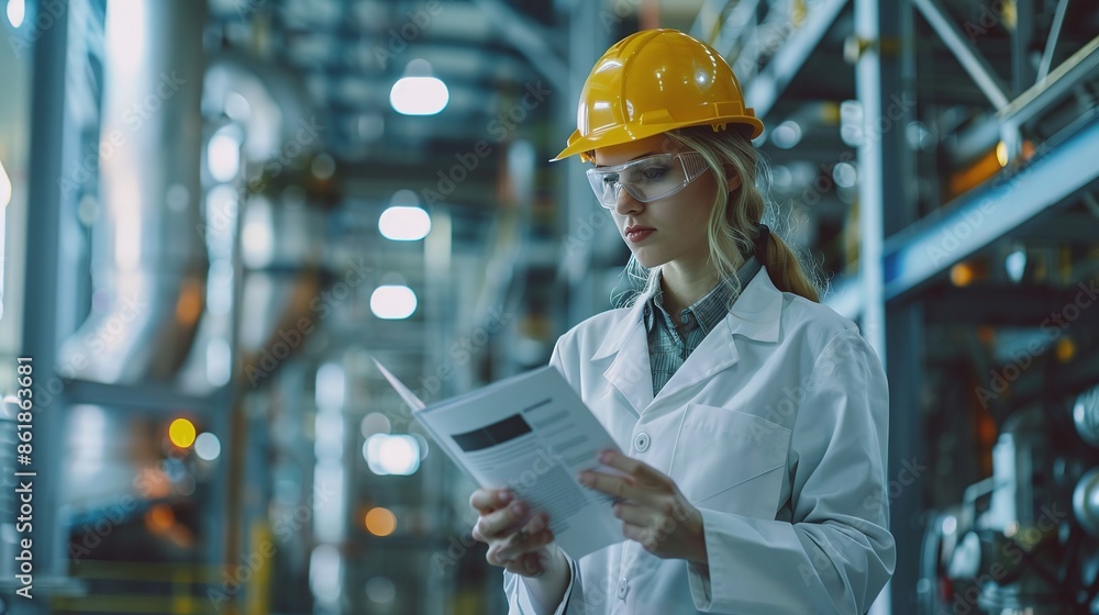 Plant operation check. Female engineer in hard hat and white lab coat reviewing documentation at an industrial plant with complex machinery. Plant operation check. Female engineer in hard hat and white lab coat reviewing documentation at an industrial plant with complex machinery.