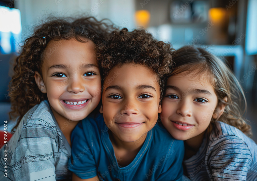 Three children are hugging each other and smiling Three children are hugging each other and smiling