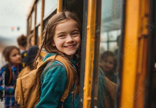 A girl is smiling and looking out the window of a yellow school bus © JM_GUERRERO