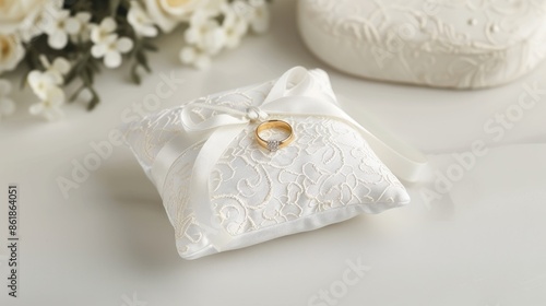 A white wedding ring pillow with a gold band and diamond on top sits on a white table
