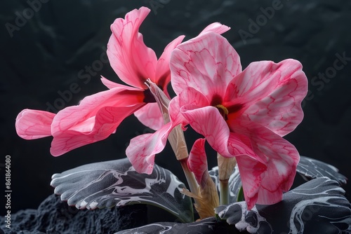 A blooming cyclamen, its upswept pink petals and marbled leaves vivid against a dark charcoal backdrop. The image captures the hardy and decorative nature of cyclamen. photo