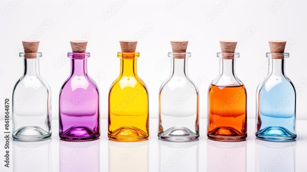Glass bottles on white background isolate, yellow, blue, green, orange, red bottles. Glassware with Colorful Ingredients. Magic mixture, alchemist or sorcerer lab. Chemistry glass tubes and beakers Glass bottles on white background isolate, yellow, blue, green, orange, red bottles. Glassware with Colorful Ingredients. Magic mixture, alchemist or sorcerer lab. Chemistry glass tubes and beakers
