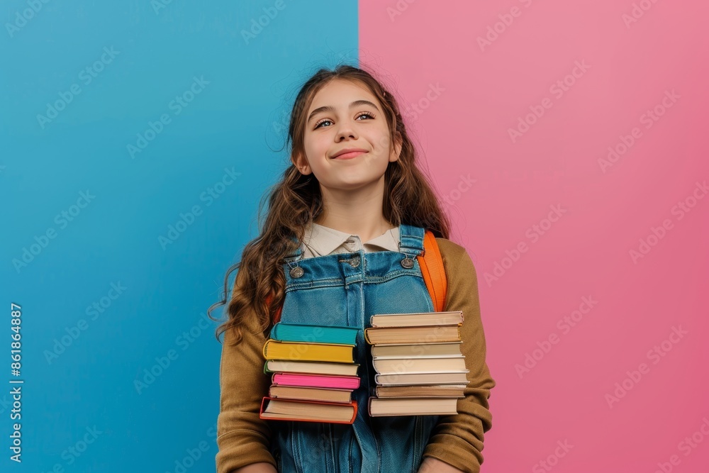 Joyful girl holding books on colorful background, ideal for creative text placement Joyful girl holding books on colorful background, ideal for creative text placement