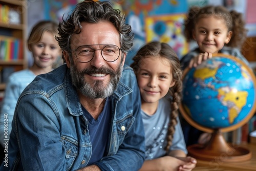 Smiling Teacher and Students in a Classroom Setting