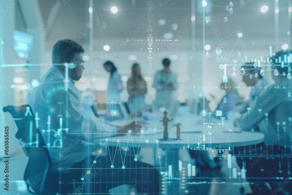 Fototapeta premium Medical business meeting overlayed with gray finance graph transition in digital composite