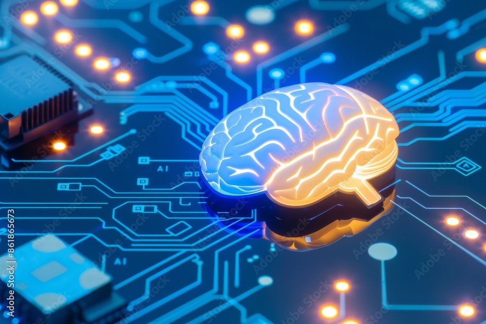 AI Brain with Glowing Neural Network on Circuit Board, Symbolizing Cognitive Technology AI Brain with Glowing Neural Network on Circuit Board, Symbolizing Cognitive Technology