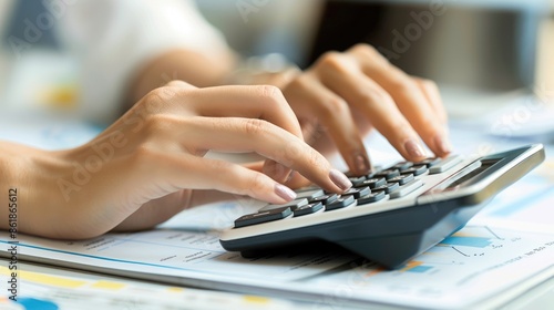 Close-up of businesswoman hands using a calculator to check company finances, earnings and budget. Accountant calculating monthly expenses, papers, loan documents, invoices